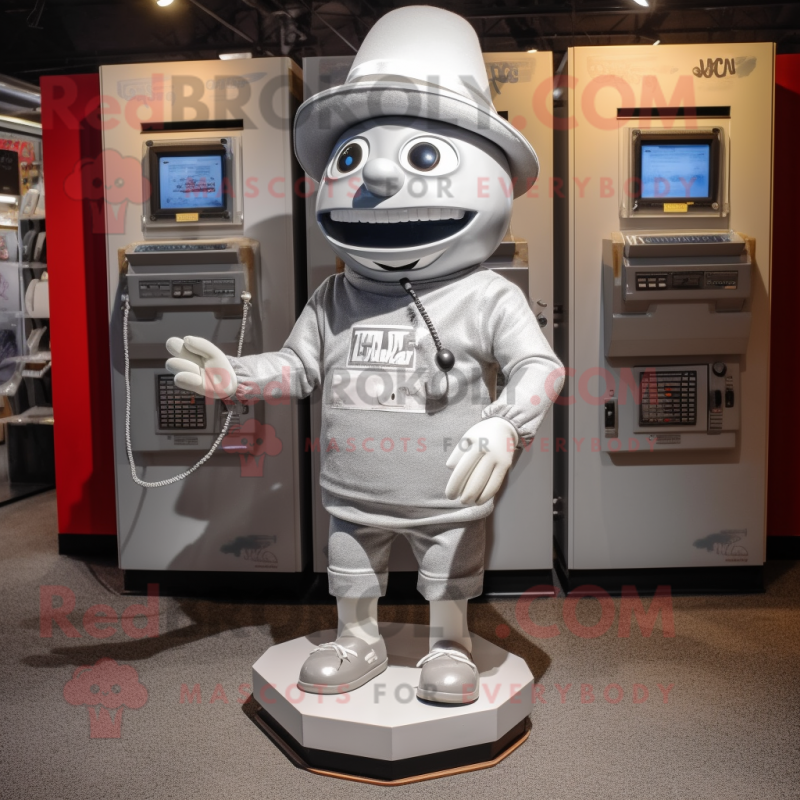 Silver Phone mascot costume character dressed with a Shorts and Hat pins Silver Phone mascot costume character dressed with a Shorts and Hat pins