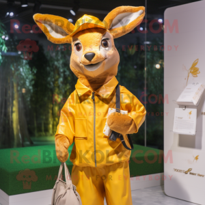 Tan Roe Deer mascot costume character dressed with a Raincoat and Coin purses