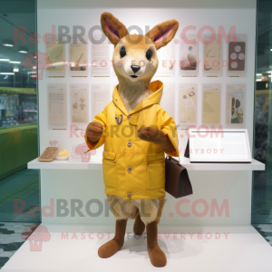 Tan Roe Deer mascot costume character dressed with a Raincoat and Coin purses