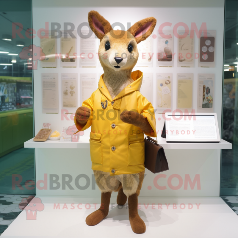 Tan Roe Deer mascot costume character dressed with a Raincoat and Coin purses Tan Roe Deer mascot costume character dressed with a Raincoat and Coin purses