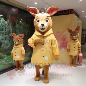 Tan Roe Deer mascot costume character dressed with a Raincoat and Coin purses