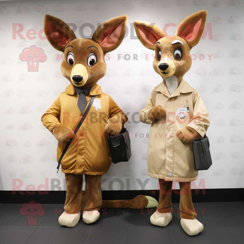 Tan Roe Deer mascot costume character dressed with a Raincoat and Coin purses