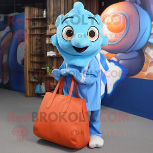 Sky Blue Clown Fish mascot costume character dressed with a Poplin Shirt and Tote bags