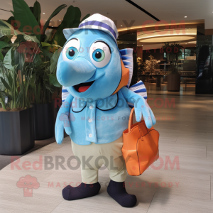 Sky Blue Clown Fish mascot costume character dressed with a Poplin Shirt and Tote bags