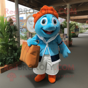 Sky Blue Clown Fish mascot costume character dressed with a Poplin Shirt and Tote bags
