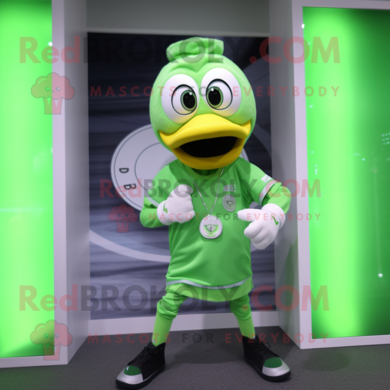 Lime Green Swans mascot costume character dressed with a Running Shorts and Bracelet watches Lime Green Swans mascot costume character dressed with a Running Shorts and Bracelet watches