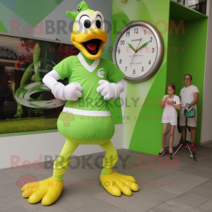 Lime Green Swans mascot costume character dressed with a Running Shorts and Bracelet watches