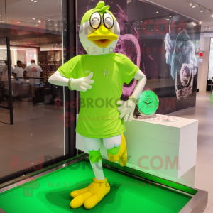 Lime Green Swans mascot costume character dressed with a Running Shorts and Bracelet watches