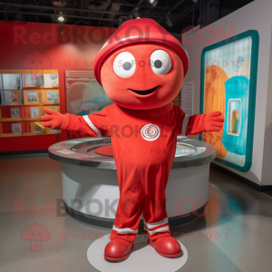 Red Plate Spinner mascot costume character dressed with a Romper and Beanies