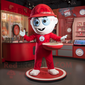 Red Plate Spinner mascot costume character dressed with a Romper and Beanies