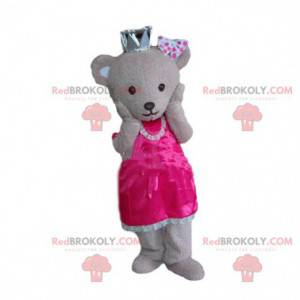 Mascotte de nounours habillé en reine, costume d'ours couronné