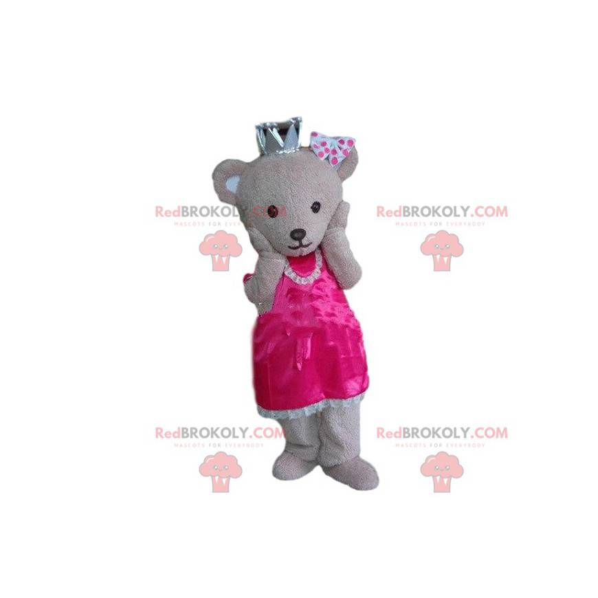 Mascotte de nounours habillé en reine, costume d'ours couronné