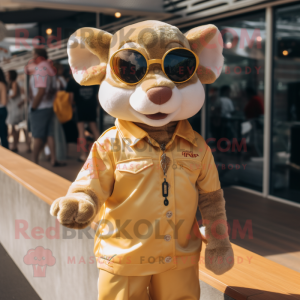 Gold Dormouse mascot costume character dressed with a Polo Shirt and Sunglasses