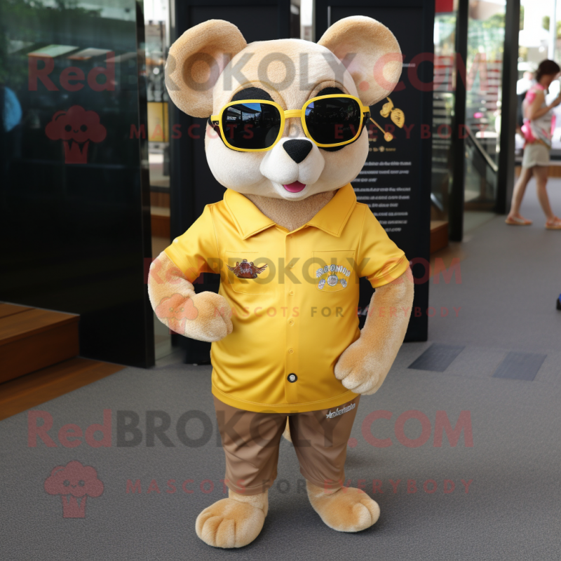 Gold Dormouse mascot costume character dressed with a Polo Shirt and Sunglasses Gold Dormouse mascot costume character dressed with a Polo Shirt and Sunglasses