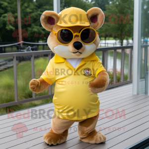 Gold Dormouse mascot costume character dressed with a Polo Shirt and Sunglasses