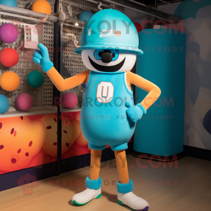 Cyan Meatballs mascot costume character dressed with a Tank Top and Hats Cyan Meatballs mascot costume character dressed with a Tank Top and Hats