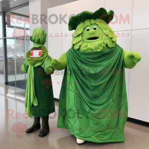 Forest Green Corned Beef And Cabbage mascot costume character dressed with a Wrap Dress and Shawl pins