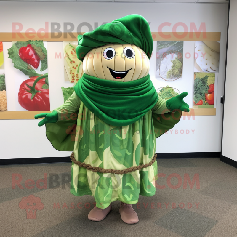 Forest Green Corned Beef And Cabbage mascot costume character dressed with a Wrap Dress and Shawl pins Forest Green Corned Beef And Cabbage mascot costume character dressed with a Wrap Dress and Shawl pins