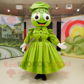 Lime Green Army Soldier mascot costume character dressed with a Circle Skirt and Bow ties