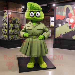 Lime Green Army Soldier mascot costume character dressed with a Circle Skirt and Bow ties