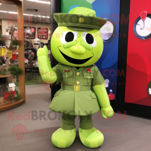 Lime Green Army Soldier mascot costume character dressed with a Circle Skirt and Bow ties