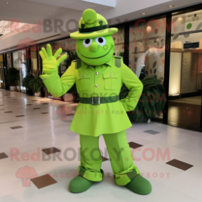 Lime Green Army Soldier mascot costume character dressed with a Circle Skirt and Bow ties