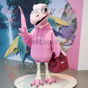 Pink Pterodactyl mascot costume character dressed with a Sweatshirt and Handbags