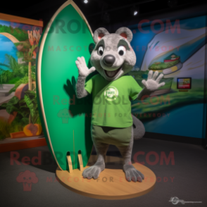 Forest Green Surfboard mascot costume character dressed with a Button-Up Shirt and Coin purses