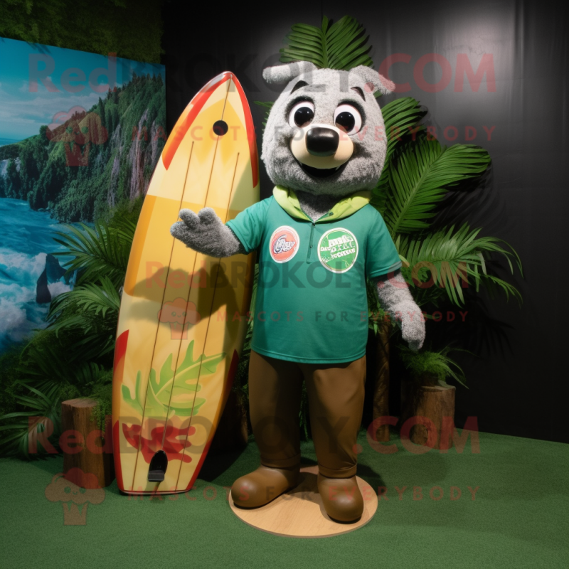Forest Green Surfboard mascot costume character dressed with a Button-Up Shirt and Coin purses Forest Green Surfboard mascot costume character dressed with a Button-Up Shirt and Coin purses
