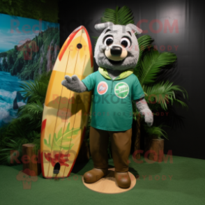 Forest Green Surfboard mascot costume character dressed with a Button-Up Shirt and Coin purses