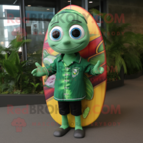 Forest Green Surfboard mascot costume character dressed with a Button-Up Shirt and Coin purses