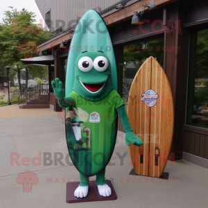 Forest Green Surfboard mascot costume character dressed with a Button-Up Shirt and Coin purses