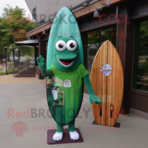Forest Green Surfboard mascot costume character dressed with a Button-Up Shirt and Coin purses