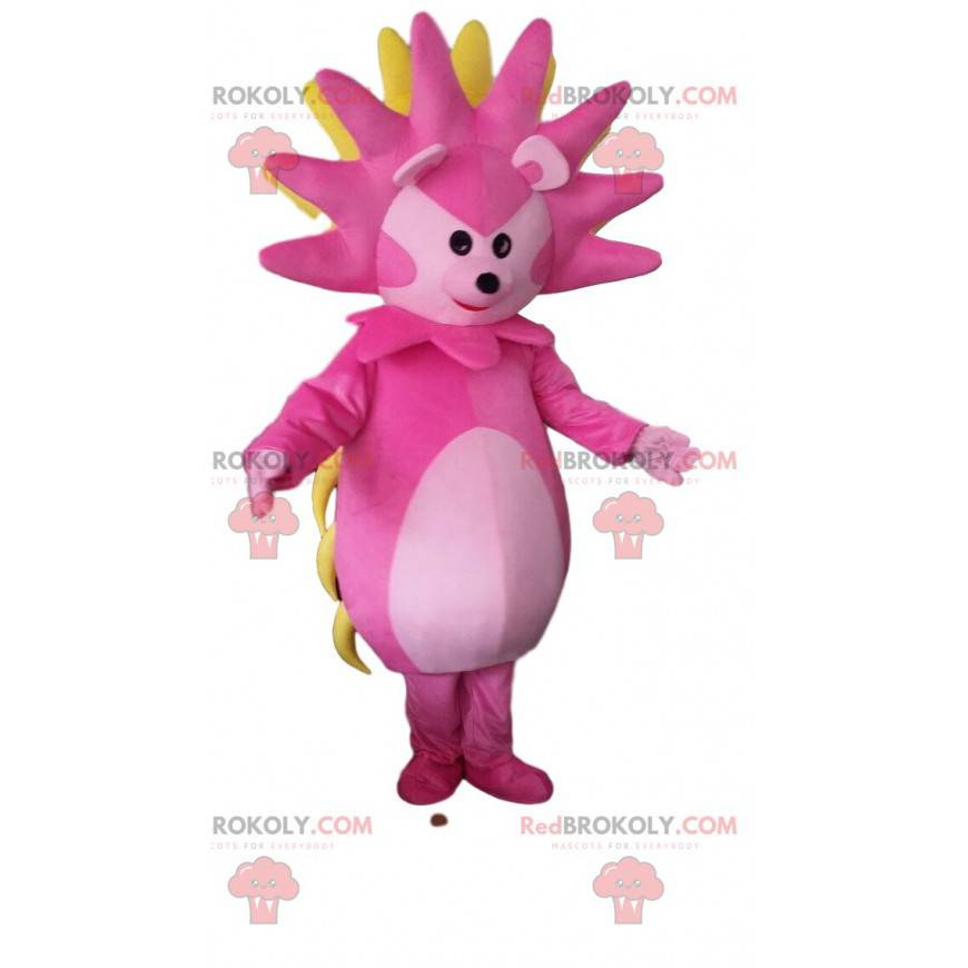 Mascote de ouriço rosa, branco e amarelo, fantasia de ouriço -