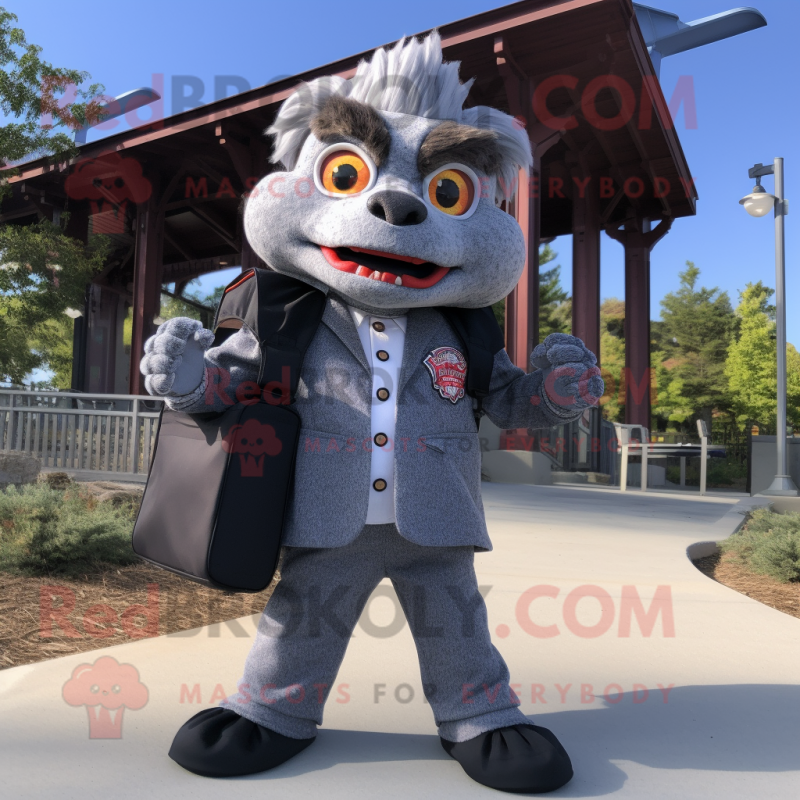 Gray Fire Eater mascot costume character dressed with a Suit Jacket and Backpacks