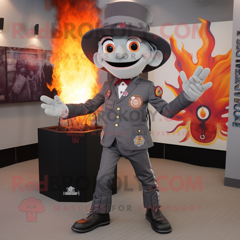 Gray Fire Eater mascot costume character dressed with a Suit Jacket and Backpacks Gray Fire Eater mascot costume character dressed with a Suit Jacket and Backpacks
