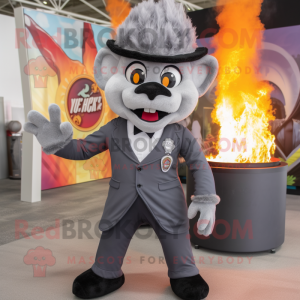 Gray Fire Eater mascot costume character dressed with a Suit Jacket and Backpacks