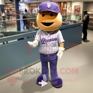 Lavender Baseball Glove mascot costume character dressed with a Boyfriend Jeans and Tie pins