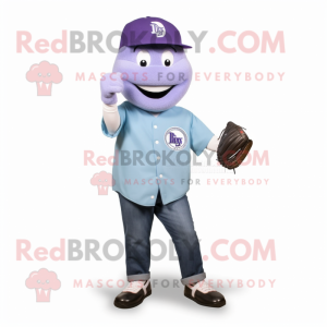 Lavender Baseball Glove mascot costume character dressed with a Boyfriend Jeans and Tie pins