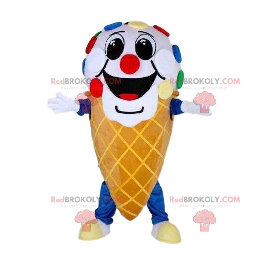 Mascote gigante de casquinha de sorvete, fantasia colorida de