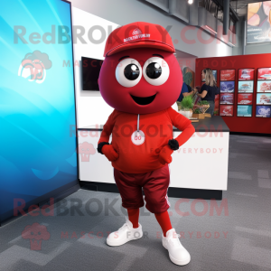 Red Meatballs mascot costume character dressed with a Capri Pants and Smartwatches