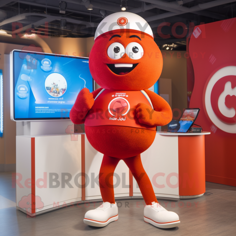 Red Meatballs mascot costume character dressed with a Capri Pants and Smartwatches