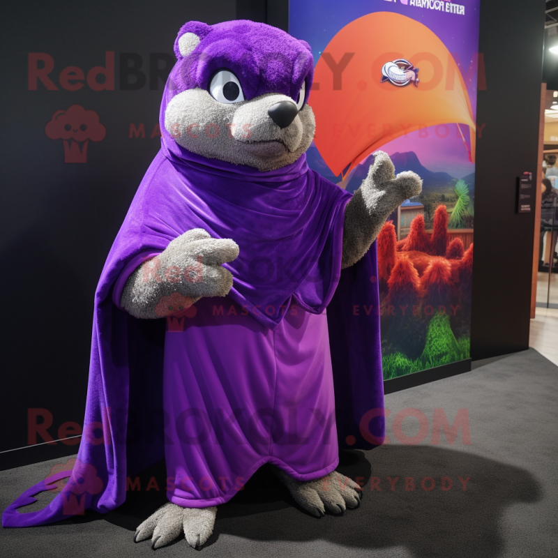 Purple Mongoose mascot costume character dressed with a Tank Top and Shawls