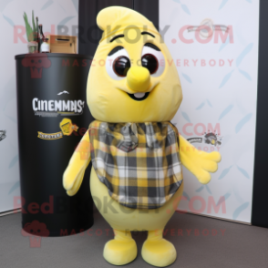 Lemon Yellow Guinness mascot costume character dressed with a Flannel Shirt and Wraps
