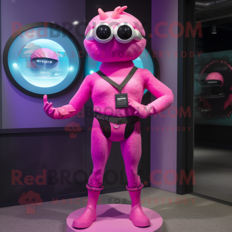 Pink Cyclops mascot costume character dressed with a Bikini and Bracelet watches Pink Cyclops mascot costume character dressed with a Bikini and Bracelet watches