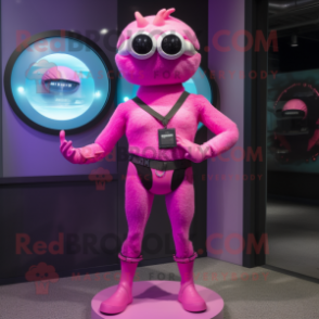 Pink Cyclops mascot costume character dressed with a Bikini and Bracelet watches