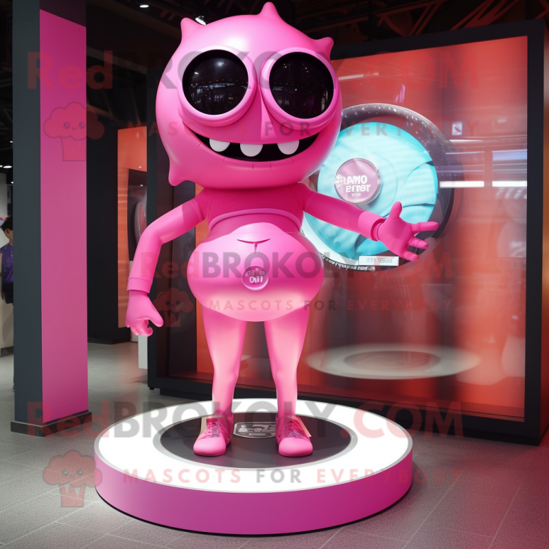Pink Cyclops mascot costume character dressed with a Bikini and Bracelet watches Pink Cyclops mascot costume character dressed with a Bikini and Bracelet watches