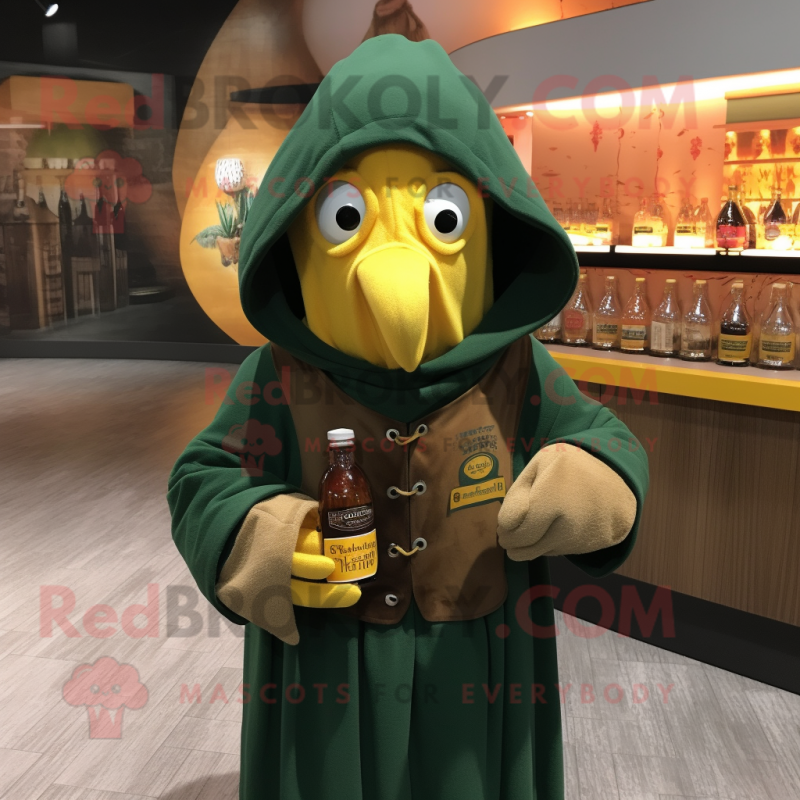 Forest Green Bottle Of Mustard mascot costume character dressed with a Leather Jacket and Shawl pins