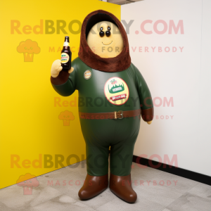 Forest Green Bottle Of Mustard mascot costume character dressed with a Leather Jacket and Shawl pins