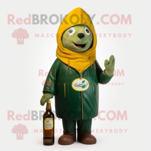 Forest Green Bottle Of Mustard mascot costume character dressed with a Leather Jacket and Shawl pins
